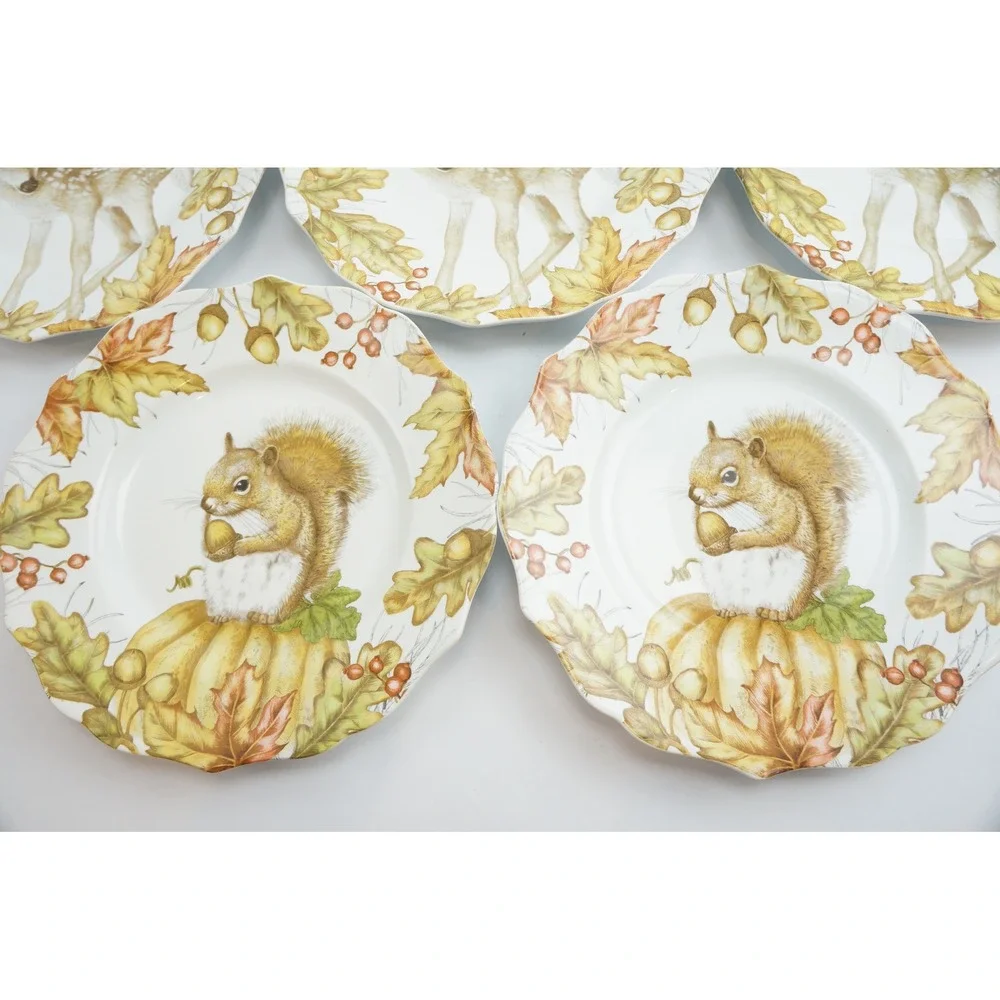 Pier 1 Mazey Critters Salad Plate Set 7 Fox Deer Squirrel Autumn Excellent